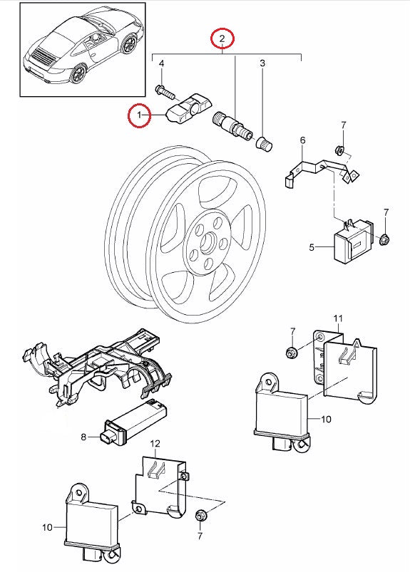 ポルシェ / TPMS タイヤ空気圧センサー＆エアバルブセット 433MHz / 9A790727506・9P1601361F / Huf ｜  EURO AUTO（ユーロオート）